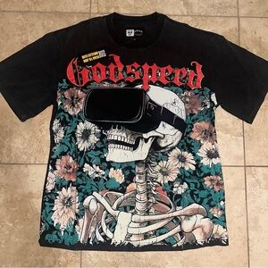 Black Graphic Tee with Floral Skeleton Design